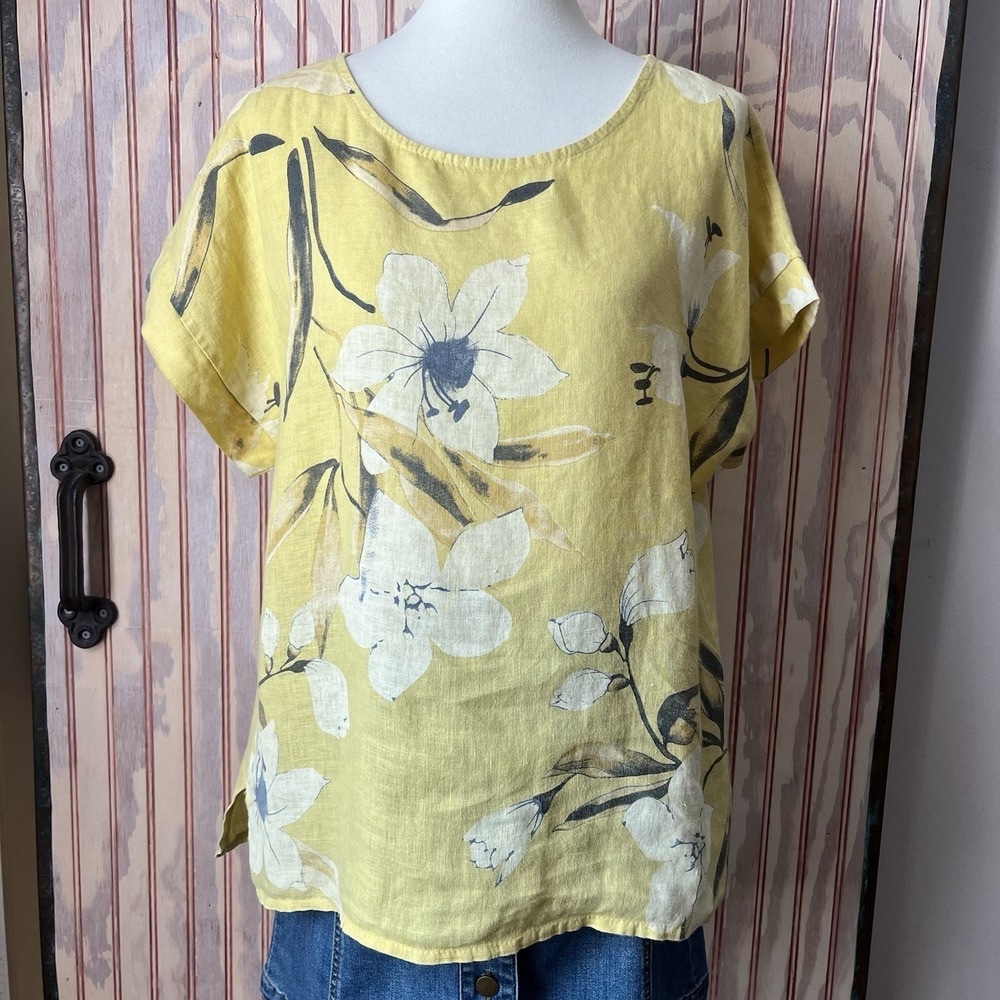 Bellambra‎ Yellow 100% Linen Floral Top Short Sleeve Made in Italy Size M